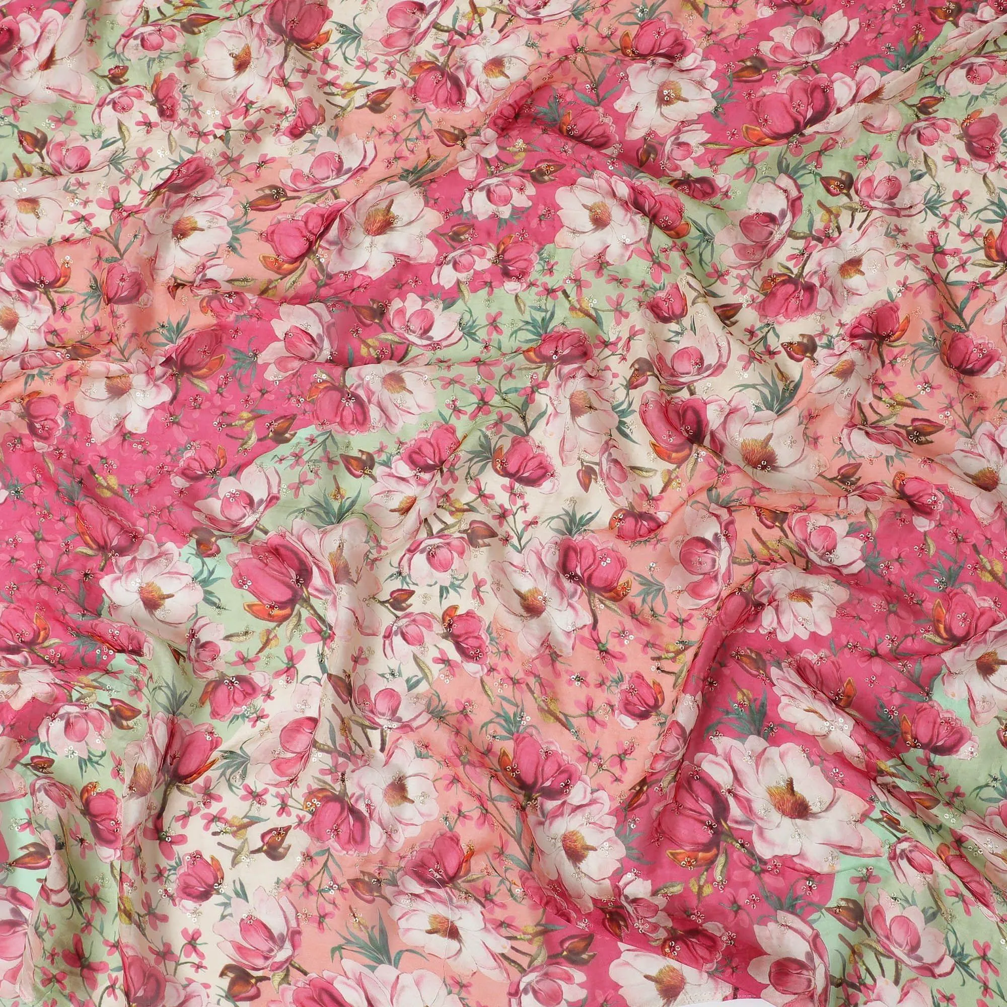 Magenta pink synthetic chiffon fabric with multicolor print having sequin embroidery in floral design-D15438