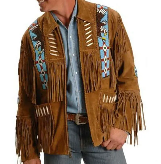 Men Tan Color Suede Leather Western Cowboy Jacket Fringe Jackets