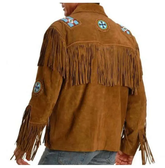 Men Tan Color Suede Leather Western Cowboy Jacket Fringe Jackets