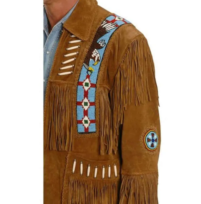 Men Tan Color Suede Leather Western Cowboy Jacket Fringe Jackets