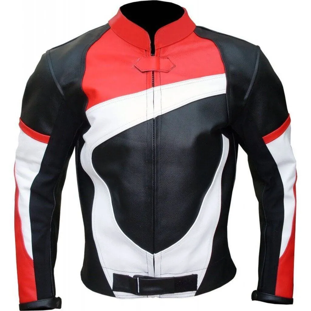 MENS BIKER LEATHER BLACK RED WHITE BIKER LEATHER JACKET FOR MEN'S