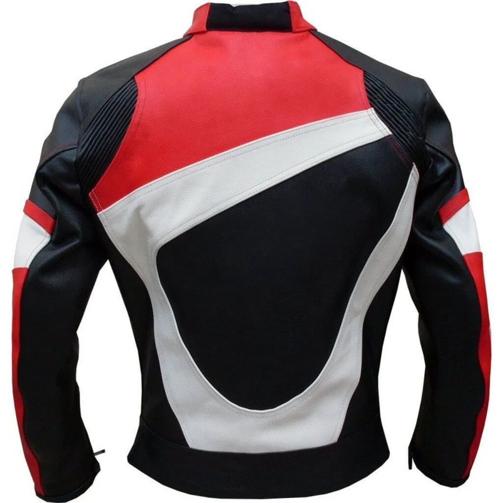 MENS BIKER LEATHER BLACK RED WHITE BIKER LEATHER JACKET FOR MEN'S