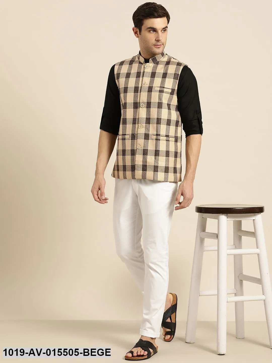 Men's Cotton Blend Beige & Brown Checked Nehru Jacket - Sojanya