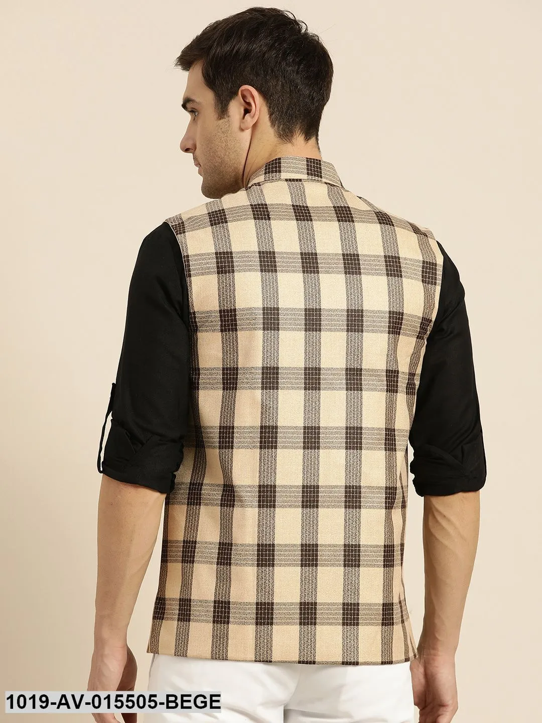 Men's Cotton Blend Beige & Brown Checked Nehru Jacket - Sojanya