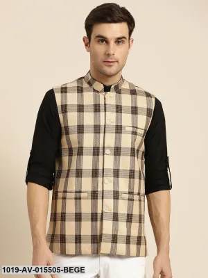 Men's Cotton Blend Beige & Brown Checked Nehru Jacket - Sojanya