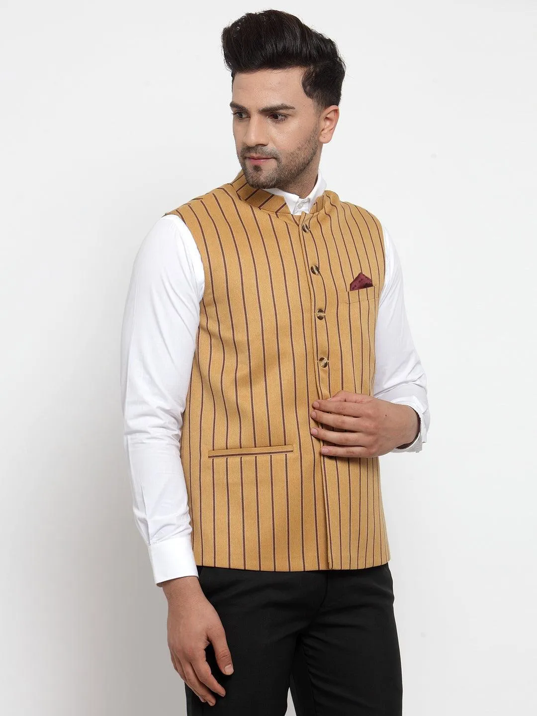 Men's Dhrohar Striped Wool Nehru Jacket / Waistcoat - Yellow - Size - 38 - Neudis Men