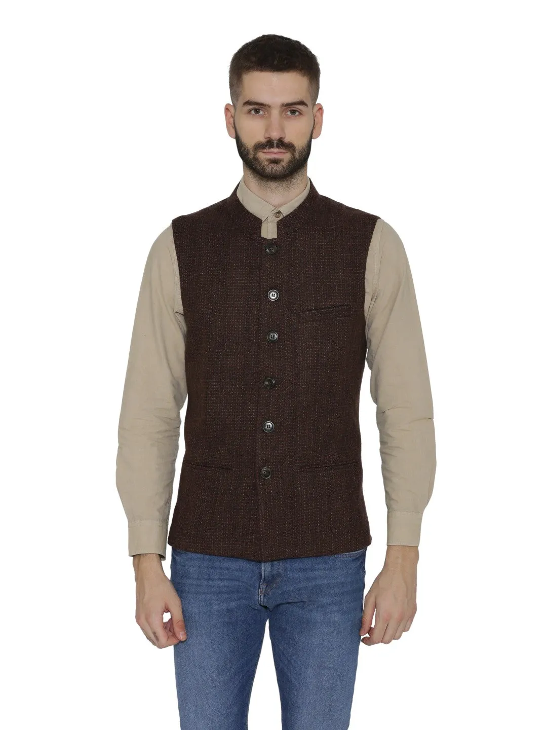 Men's Premium Wool Nehru  Jacket -Brown - Neudis Men