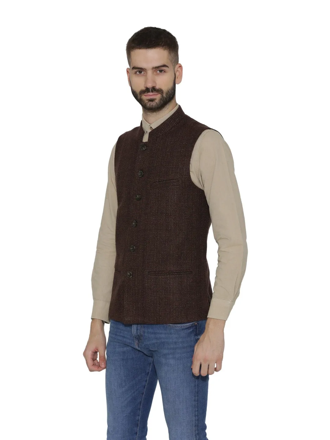 Men's Premium Wool Nehru  Jacket -Brown - Neudis Men