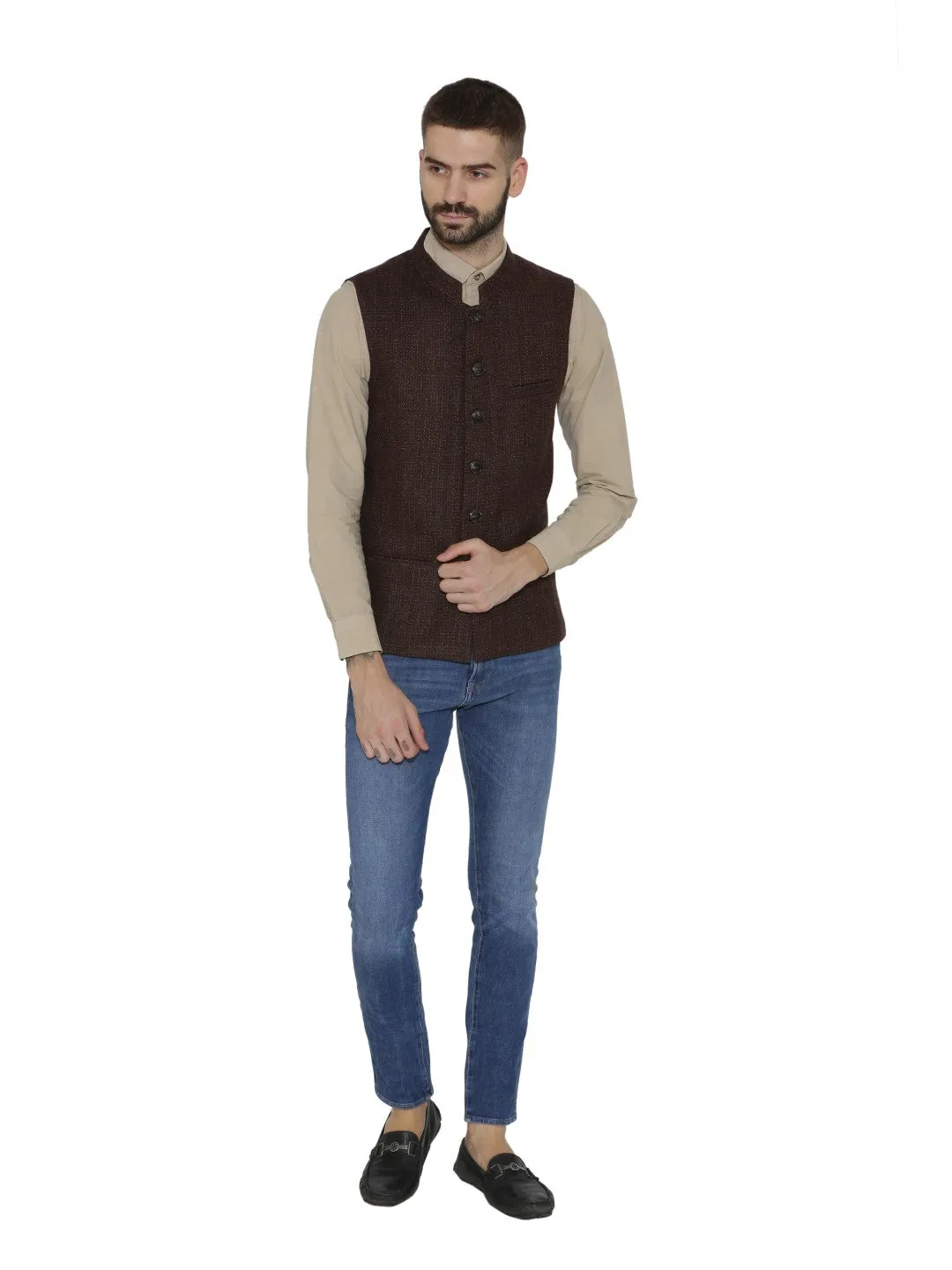 Men's Premium Wool Nehru  Jacket -Brown - Neudis Men