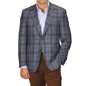 Mid Blue Checked Wool Silk Drop 6 Blazer