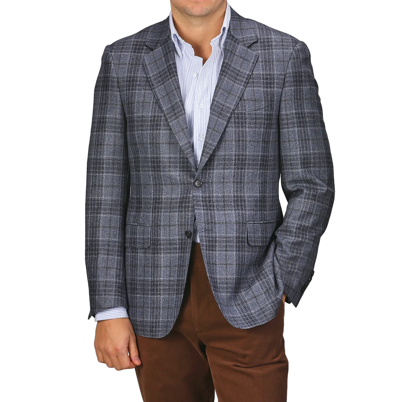 Mid Blue Checked Wool Silk Drop 6 Blazer