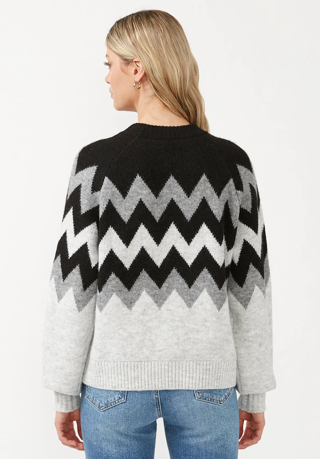 Nerissa Women's Crewneck Sweater in Black & Grey Chevron Print - SW0023F