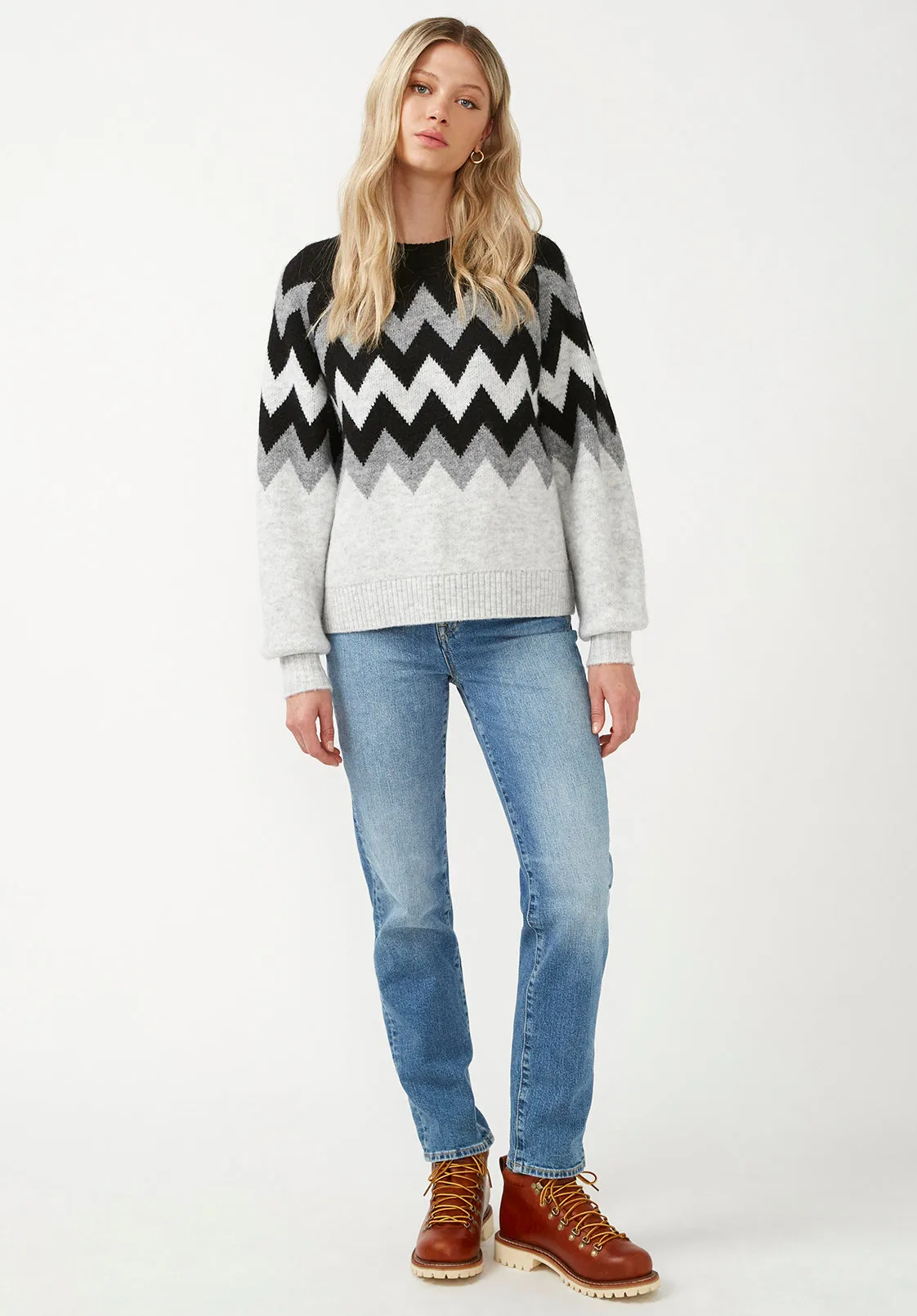 Nerissa Women's Crewneck Sweater in Black & Grey Chevron Print - SW0023F