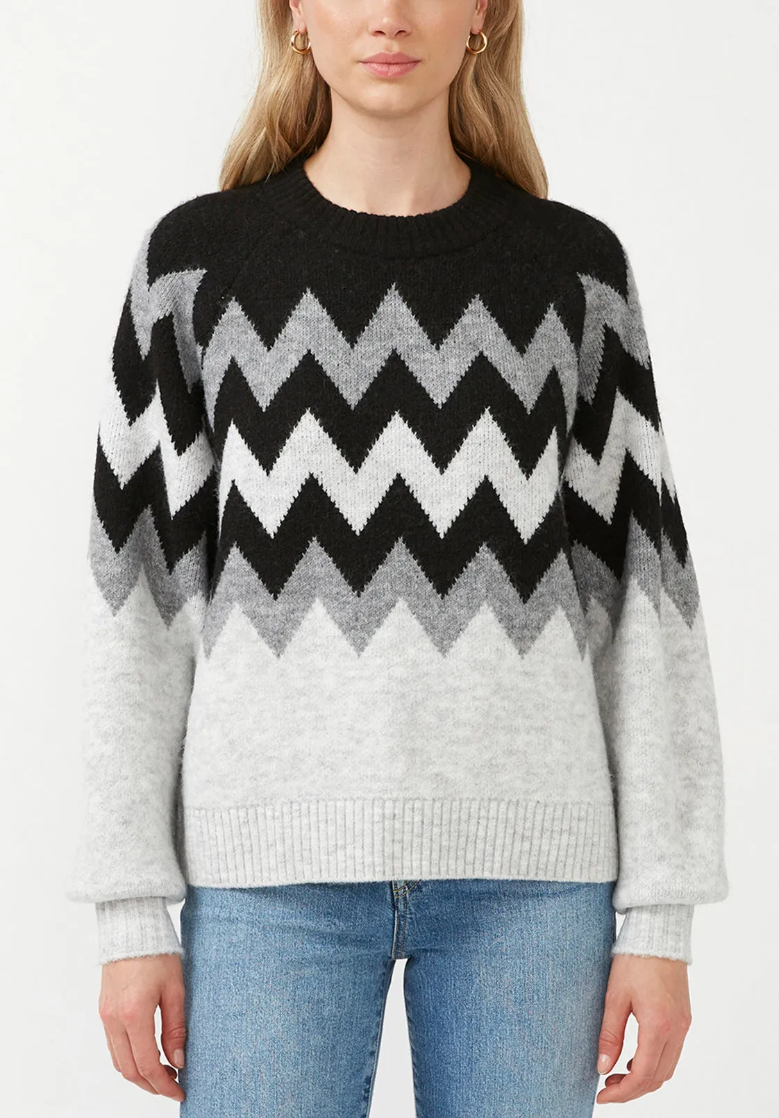 Nerissa Women's Crewneck Sweater in Black & Grey Chevron Print - SW0023F