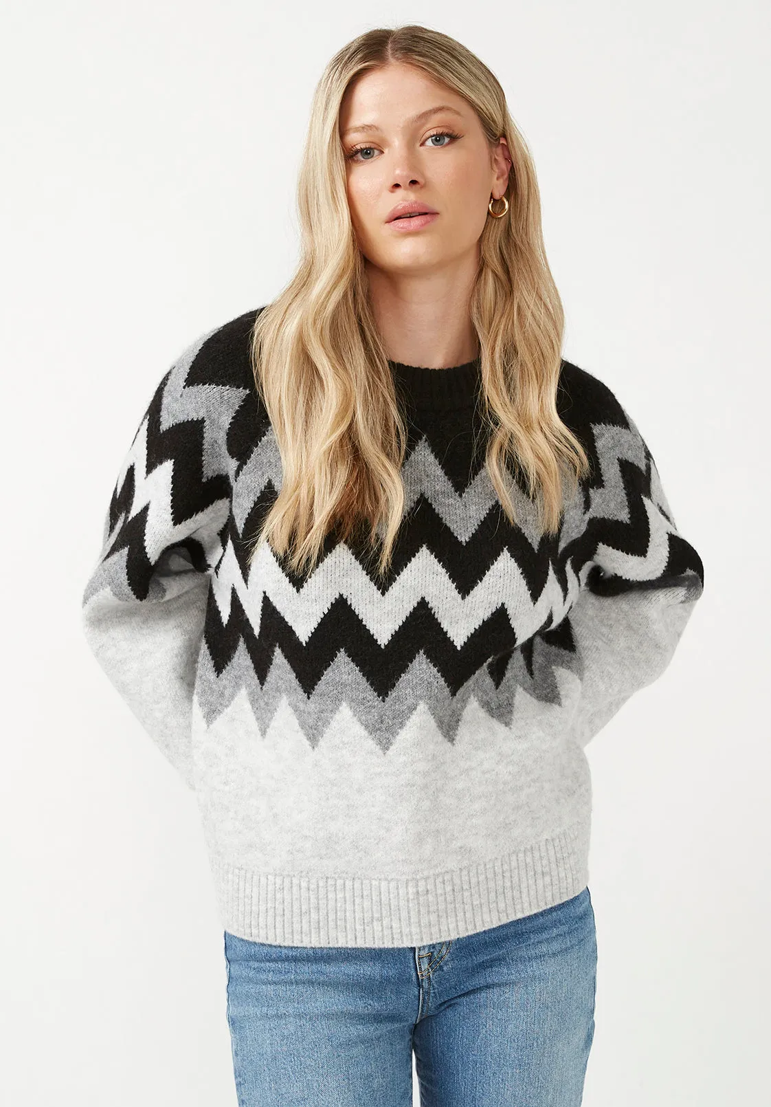 Nerissa Women's Crewneck Sweater in Black & Grey Chevron Print - SW0023F