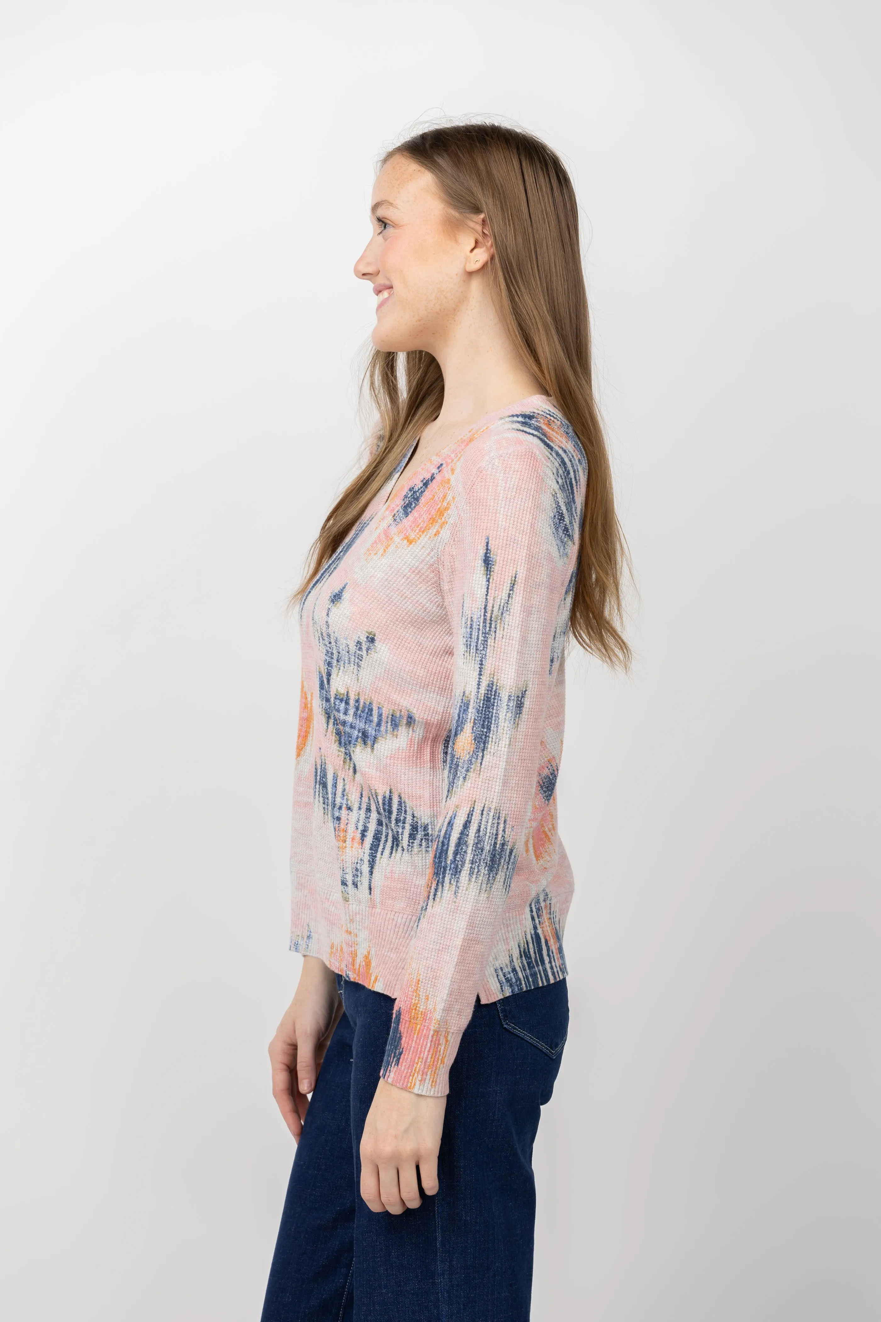 Nic   Zoe Abstract Waffle V-Neck Sweater in Pink Multi