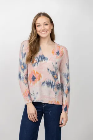 Nic   Zoe Abstract Waffle V-Neck Sweater in Pink Multi