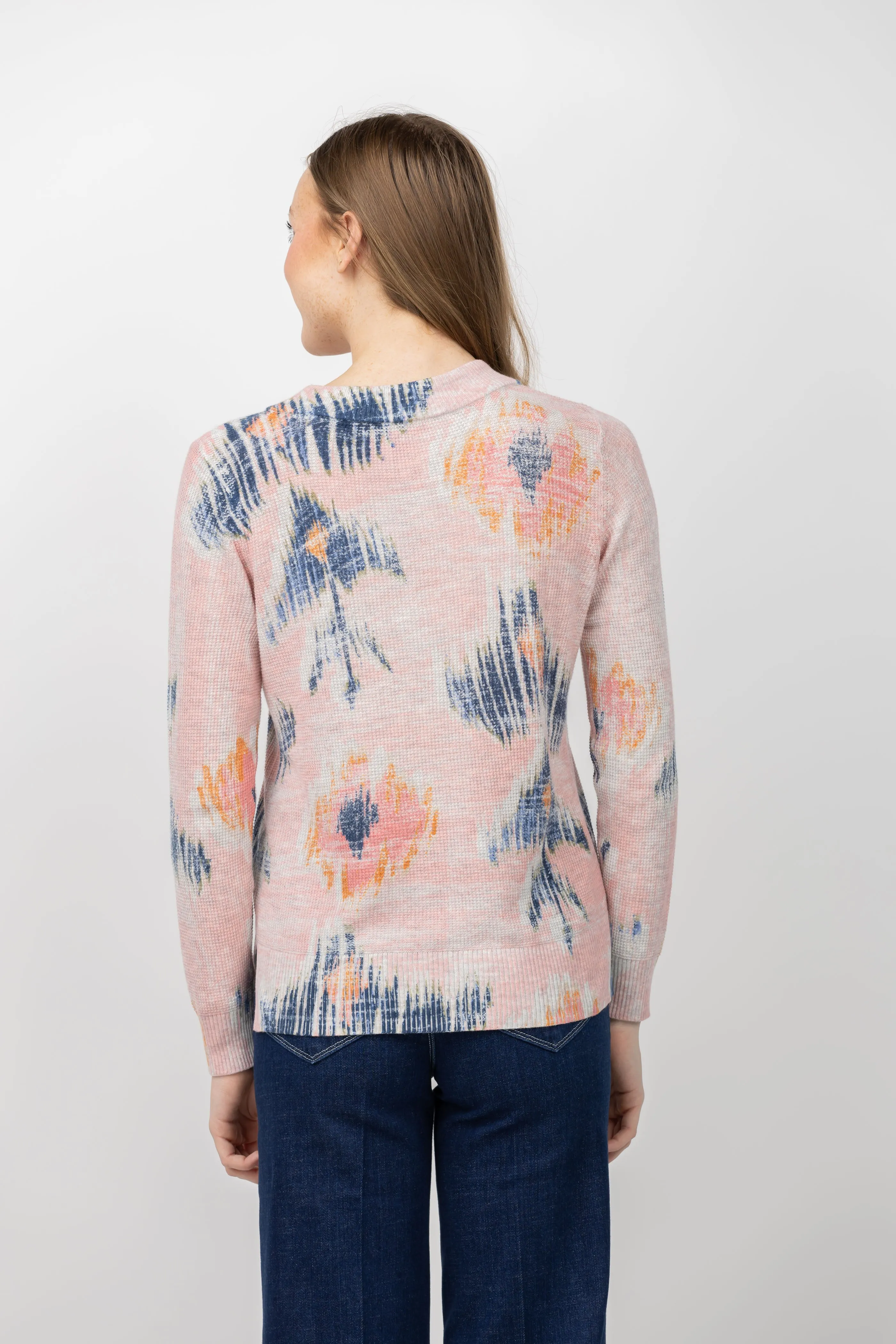 Nic   Zoe Abstract Waffle V-Neck Sweater in Pink Multi