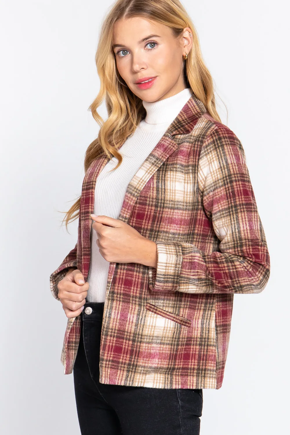 Notched Collar Plaid Jacket - 2 colors