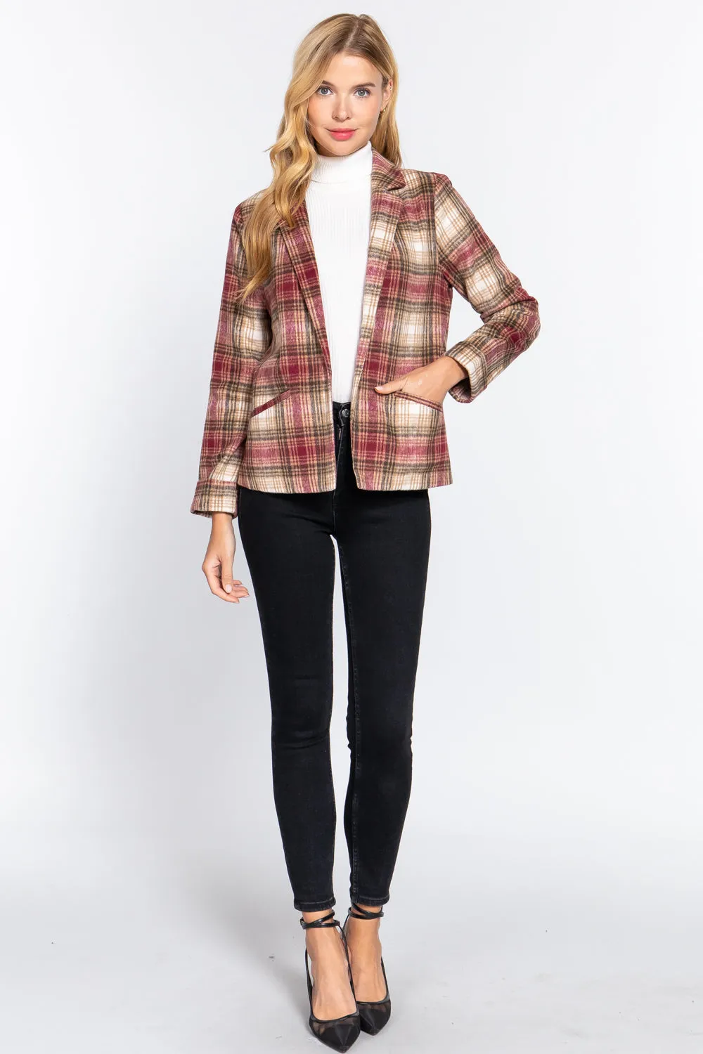 Notched Collar Plaid Jacket - 2 colors