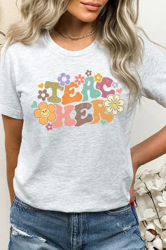 Pastel 'Teacher" Floral Lash Smiley Graphic Tee