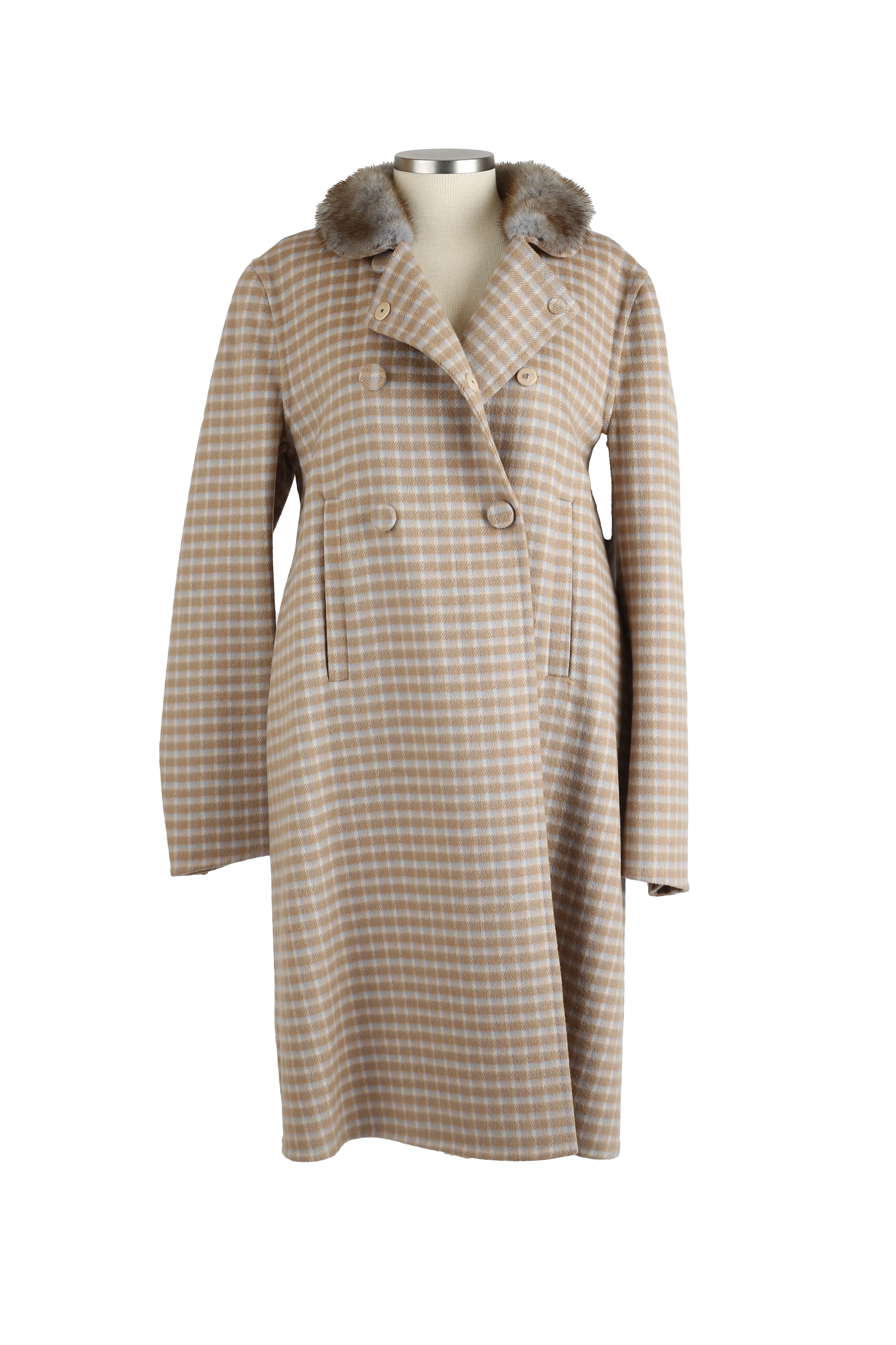 Plaid Wool Dress Coat W/ Mink Fur Collar