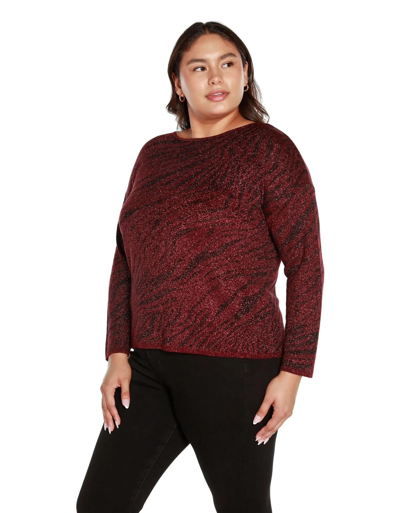 Plus Size Shiny Zebra Jacquard Sweater | Black Cherry Combo