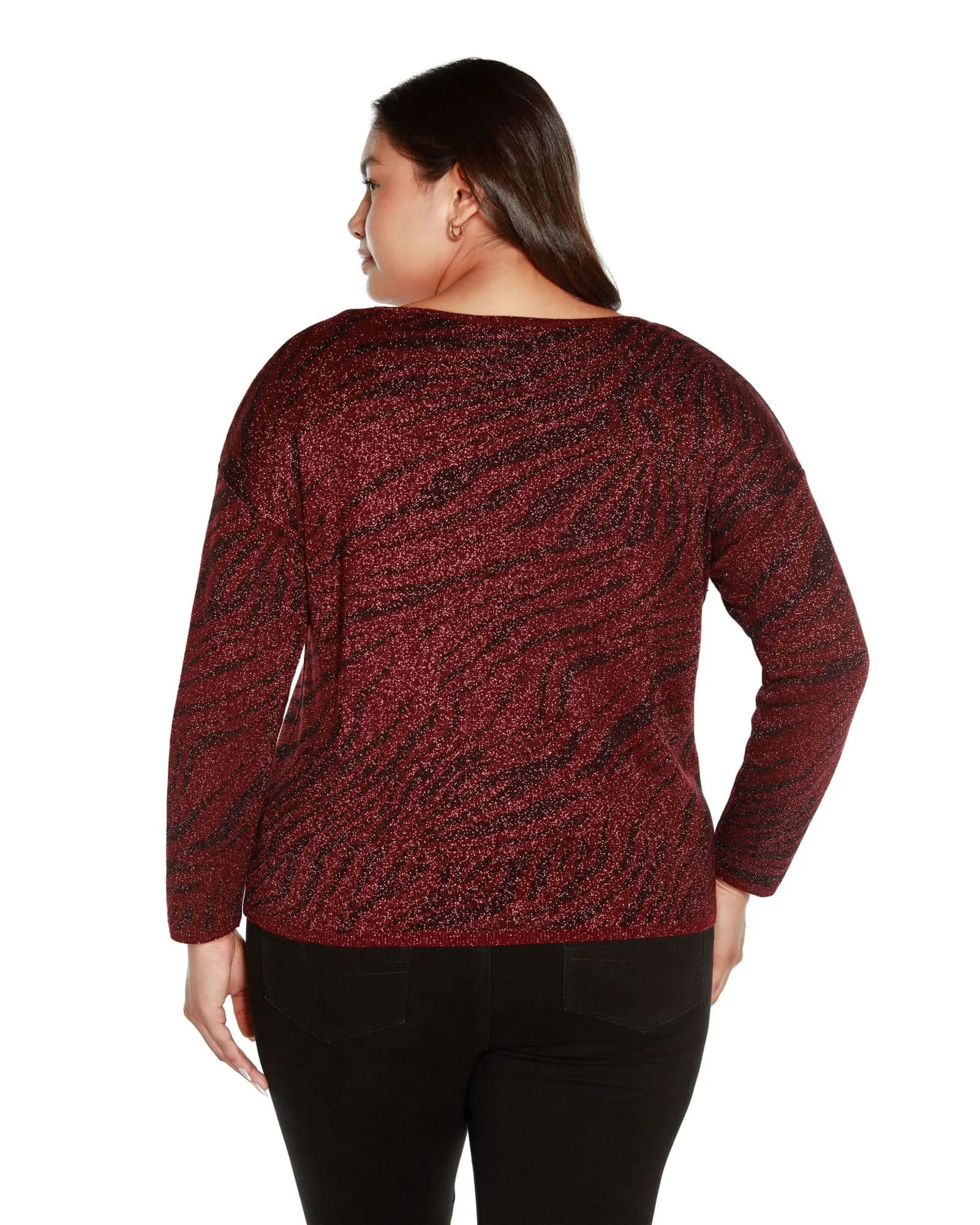 Plus Size Shiny Zebra Jacquard Sweater | Black Cherry Combo