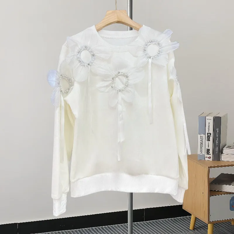 Pre Order:  3D Flower Round Neck Loose Fit Sweater