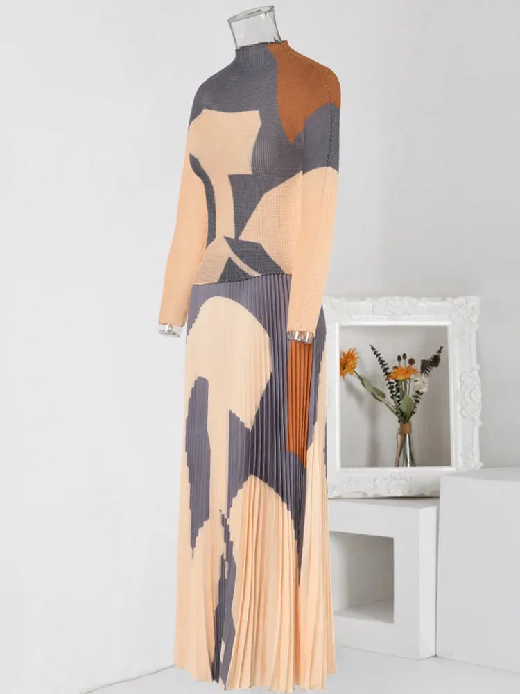 Pre Order:  Pleated Abstract Printed Mid-Length Set