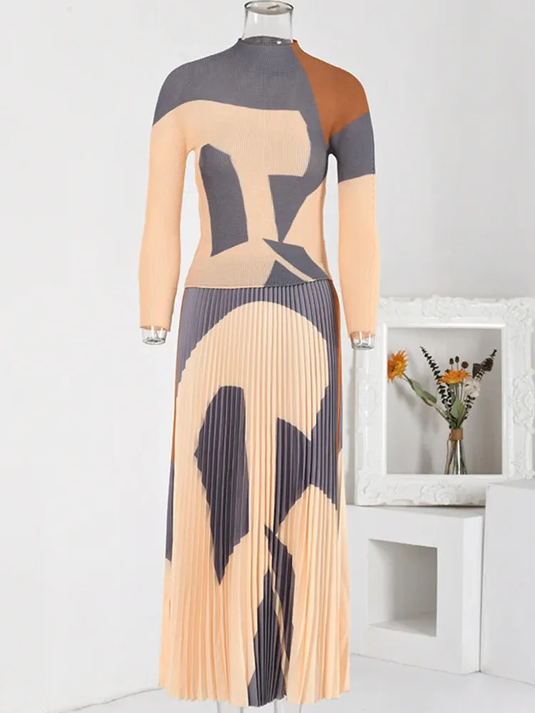 Pre Order:  Pleated Abstract Printed Mid-Length Set