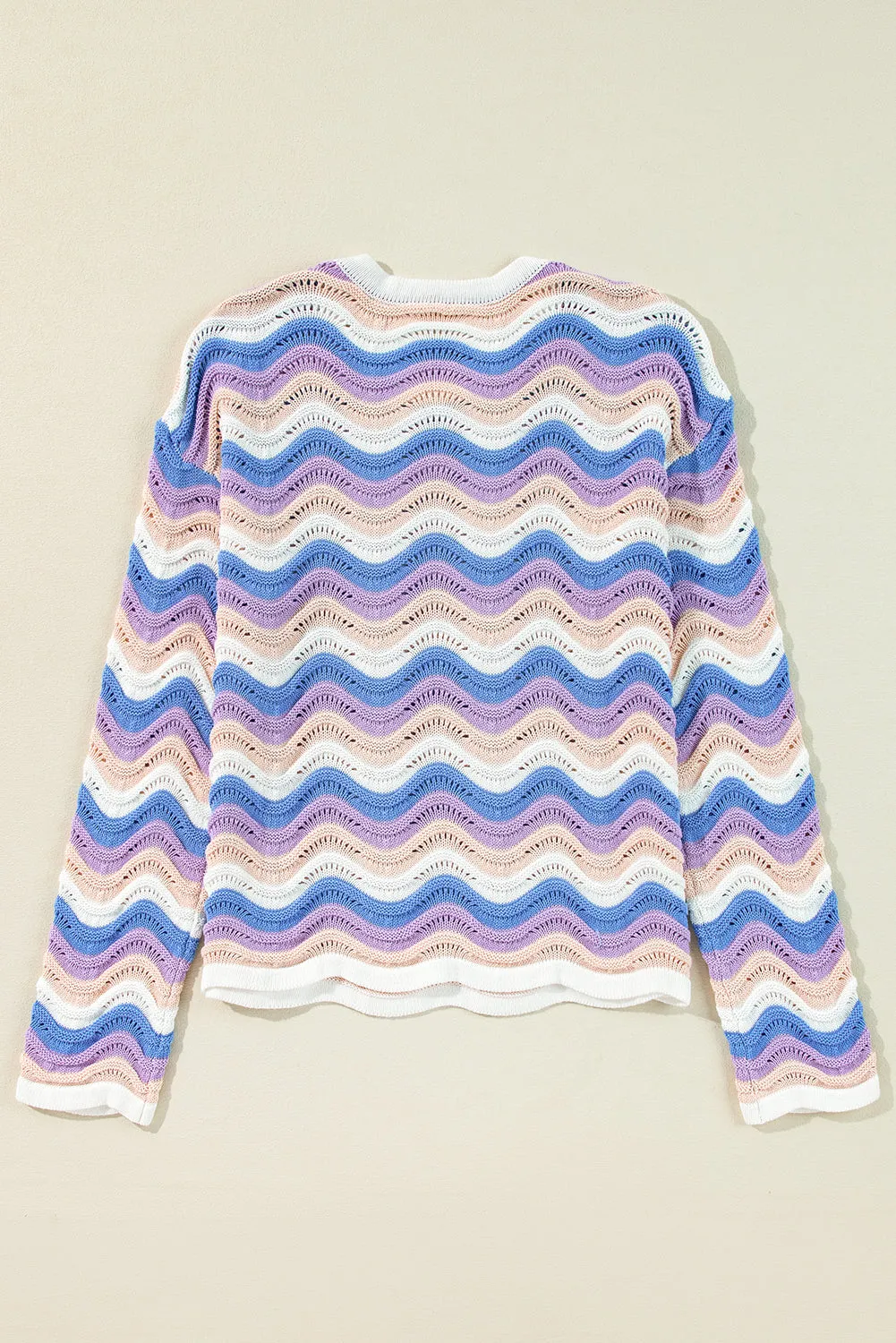 Purple Stripe Wavy Pointelle Knit Drop Shoulder Sweater