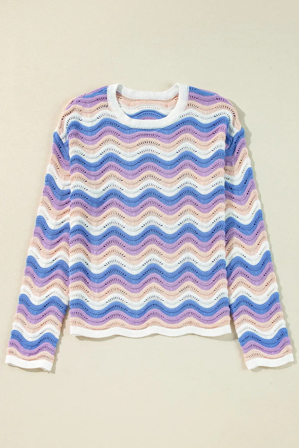 Purple Stripe Wavy Pointelle Knit Drop Shoulder Sweater