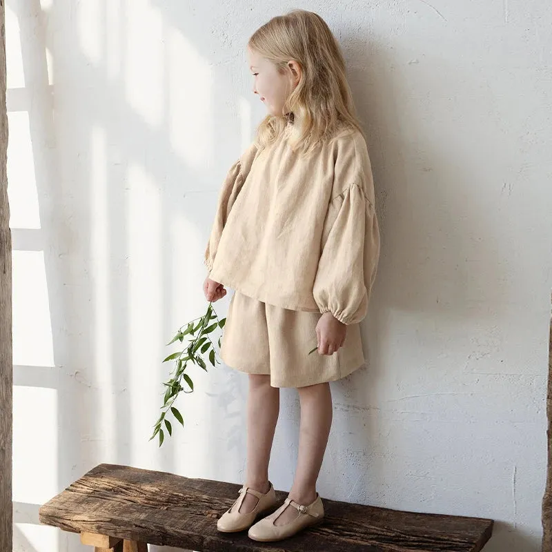 Retro Long Sleeve Linen Blouse & Shorts Set