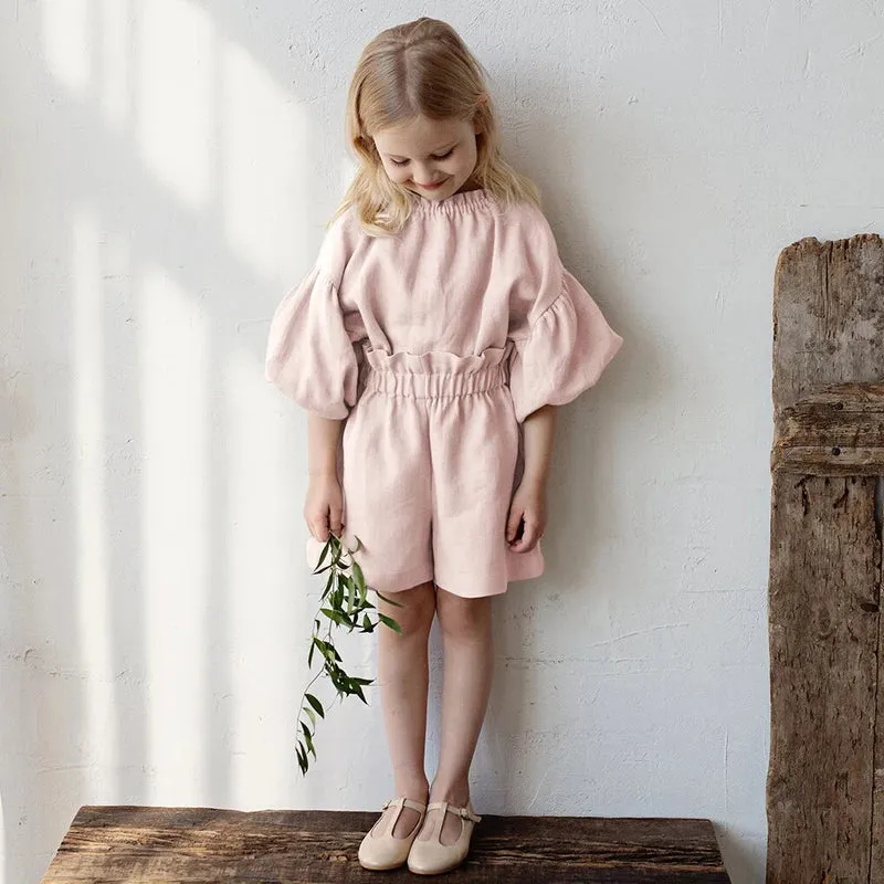 Retro Long Sleeve Linen Blouse & Shorts Set