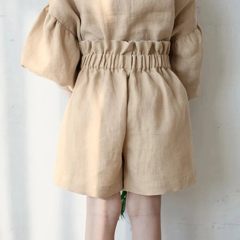 Retro Long Sleeve Linen Blouse & Shorts Set