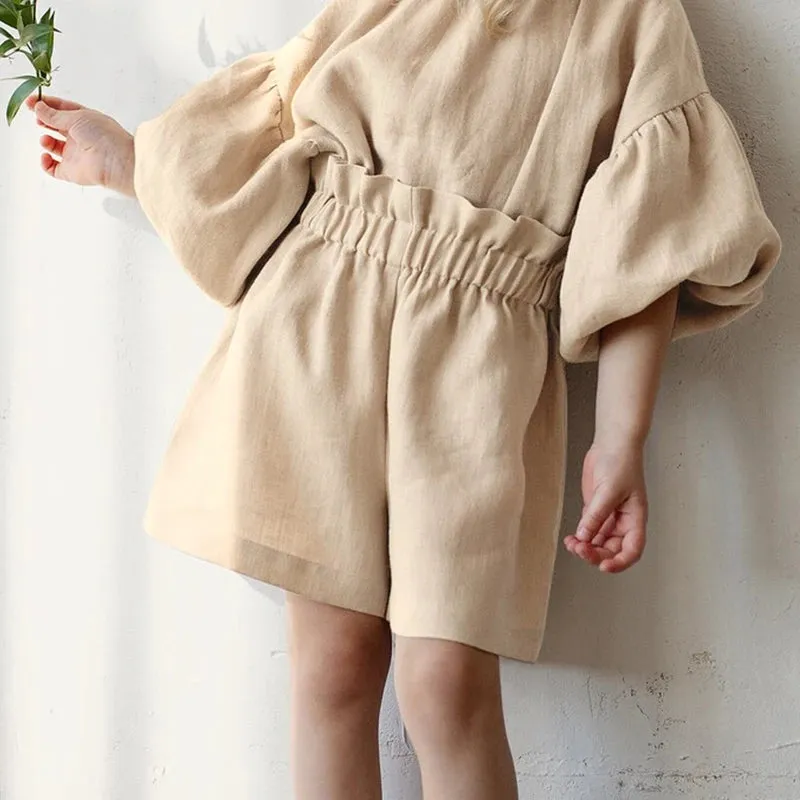 Retro Long Sleeve Linen Blouse & Shorts Set