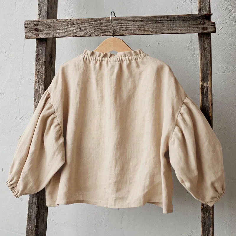 Retro Long Sleeve Linen Blouse & Shorts Set