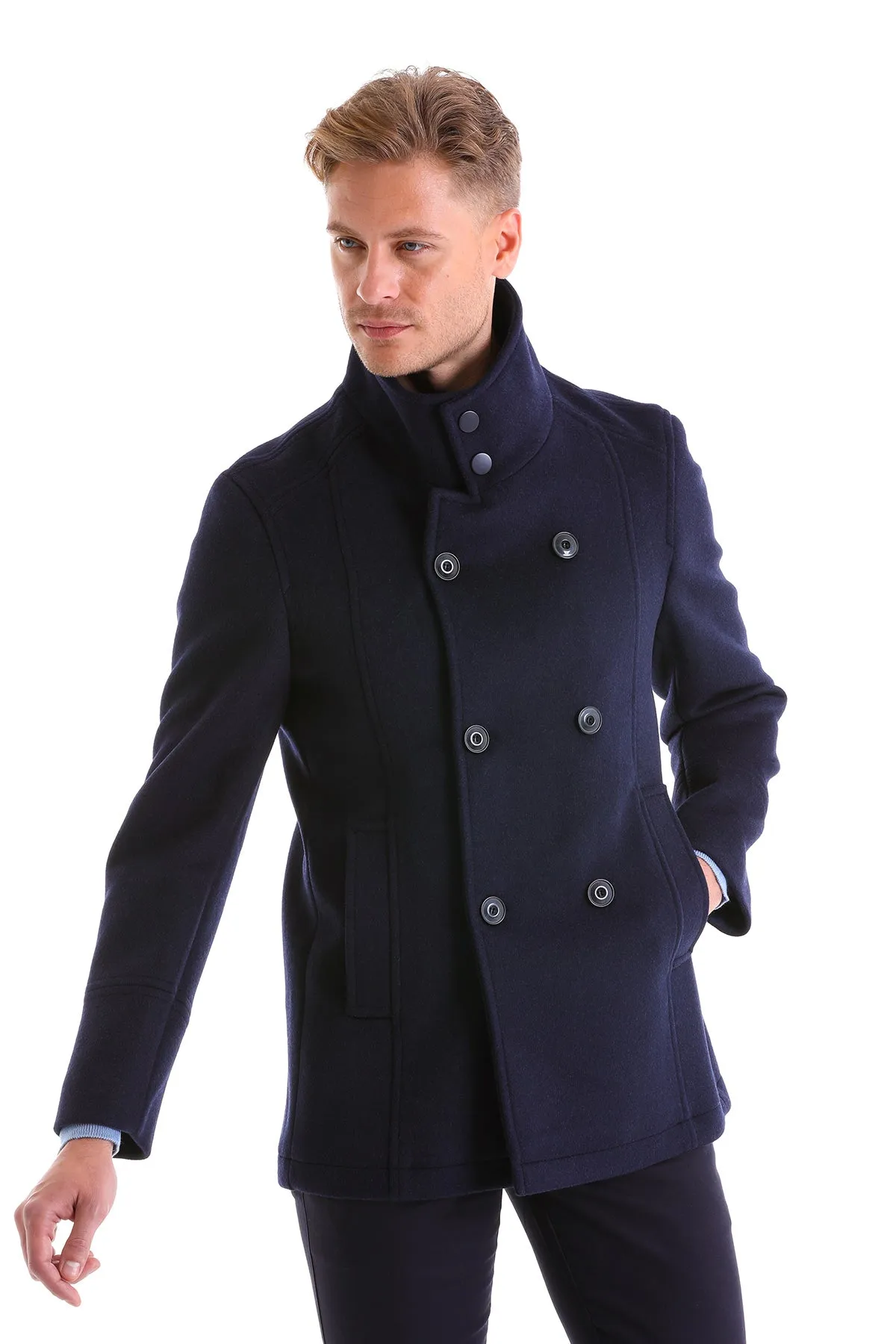 Slim Fit Double Breasted Navy Wool Blend Coat