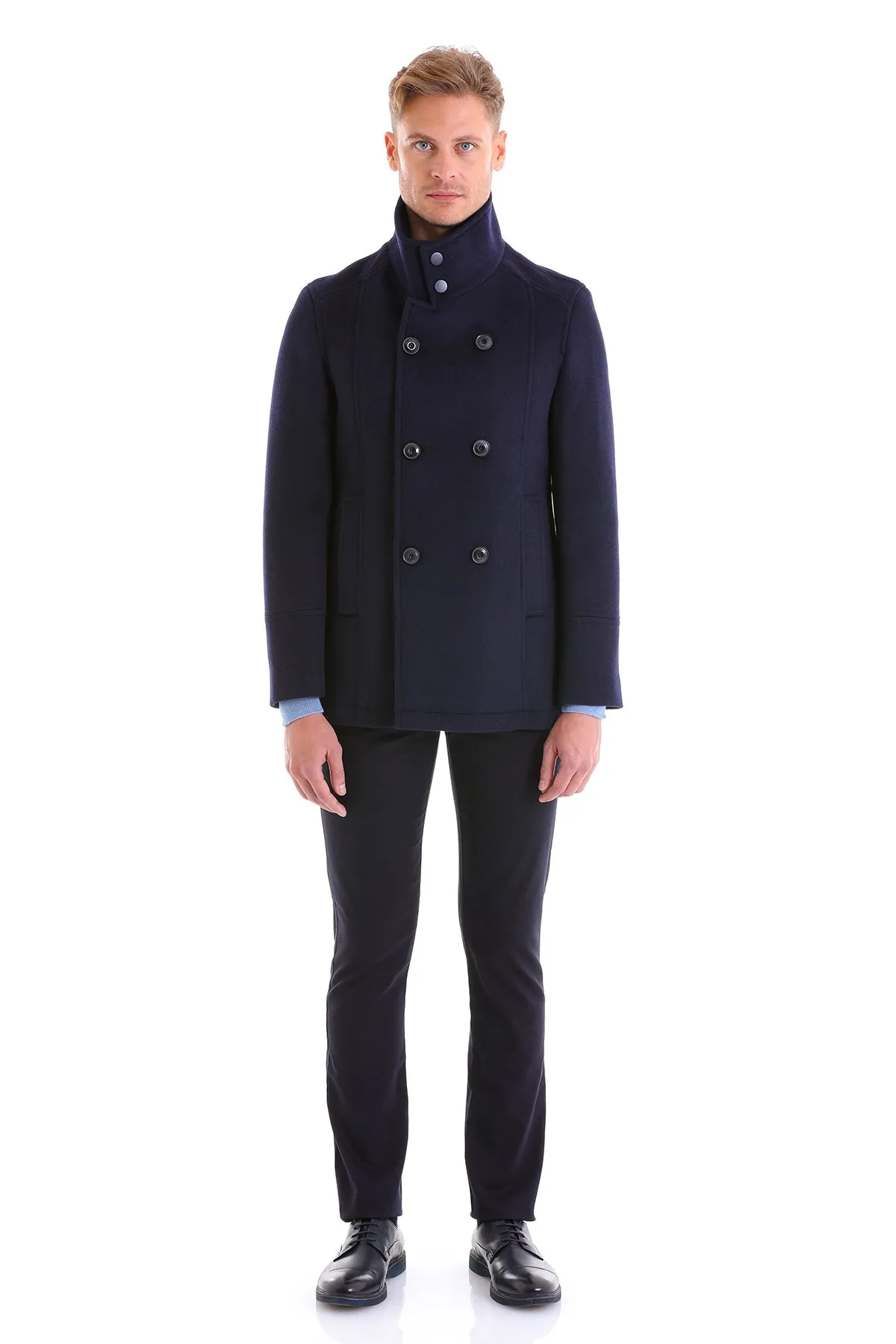 Slim Fit Double Breasted Navy Wool Blend Coat