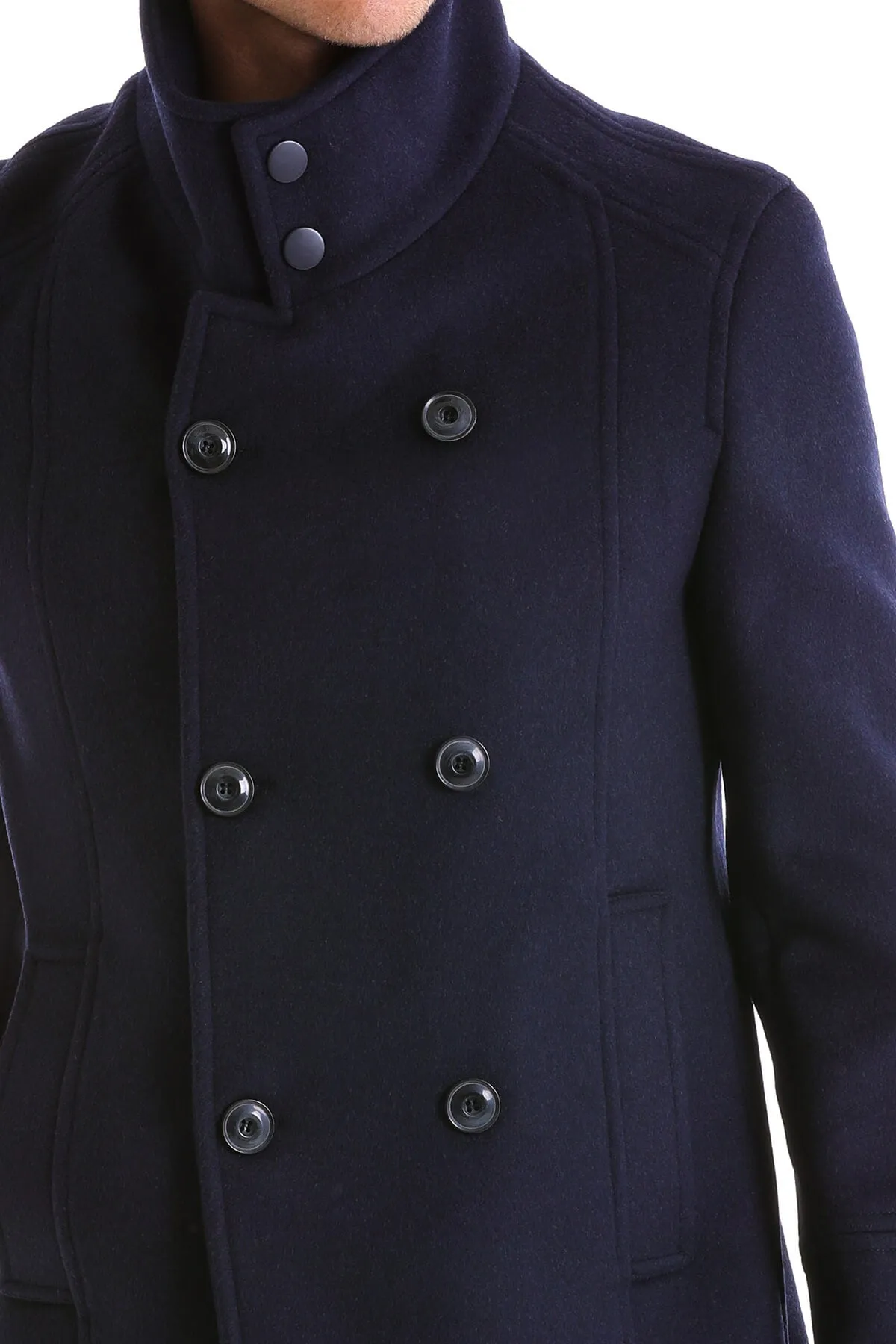 Slim Fit Double Breasted Navy Wool Blend Coat