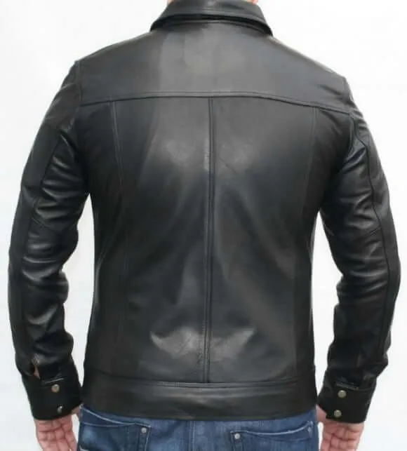 Slimfit Black Leather Jacket Zipper Chest Pocket, Men's Leather jacket