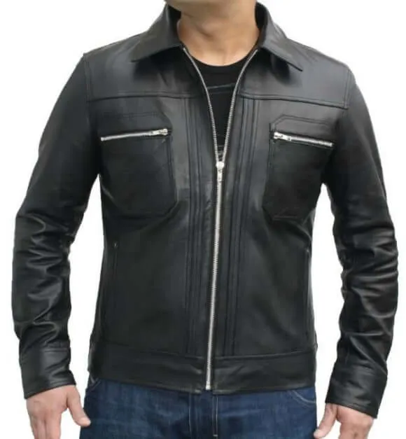 Slimfit Black Leather Jacket Zipper Chest Pocket, Men's Leather jacket