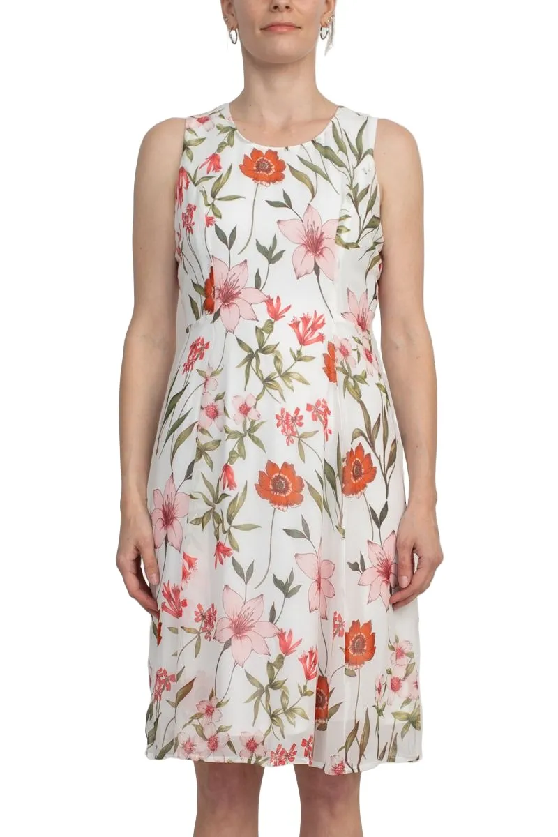 Studio One Crew Neck Sleeveless Bodycon Floral Print Chiffon Dress with 3/4 Sleeve Solid Crepe Bolero