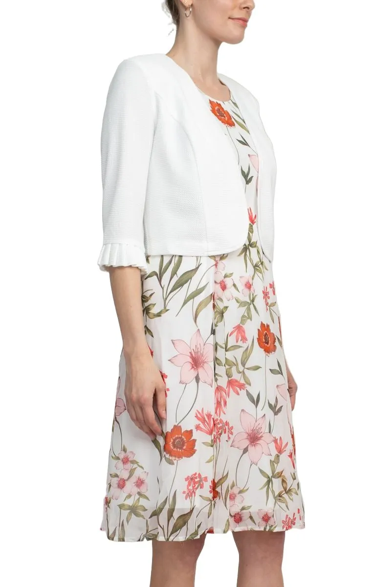 Studio One Crew Neck Sleeveless Bodycon Floral Print Chiffon Dress with 3/4 Sleeve Solid Crepe Bolero