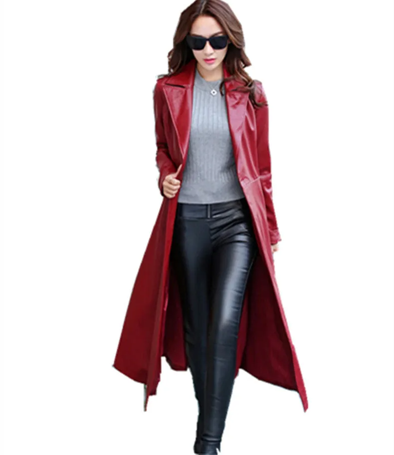 Thin PU leather long leather jacket