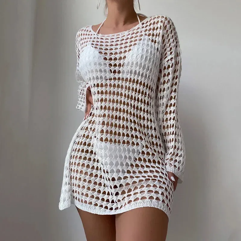 Women Crochet Swimsuit Cover-Up Sexy Hollow Out Beach Dress Summer 2023 Fairy Grunge Sweater Knit Pullovers Fishnet Bathing Suit