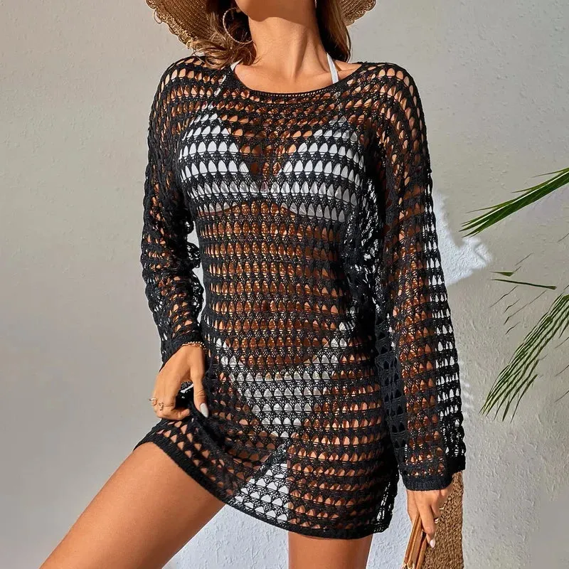 Women Crochet Swimsuit Cover-Up Sexy Hollow Out Beach Dress Summer 2023 Fairy Grunge Sweater Knit Pullovers Fishnet Bathing Suit