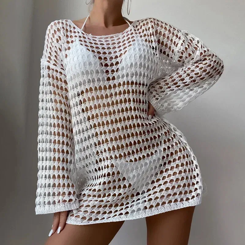 Women Crochet Swimsuit Cover-Up Sexy Hollow Out Beach Dress Summer 2023 Fairy Grunge Sweater Knit Pullovers Fishnet Bathing Suit