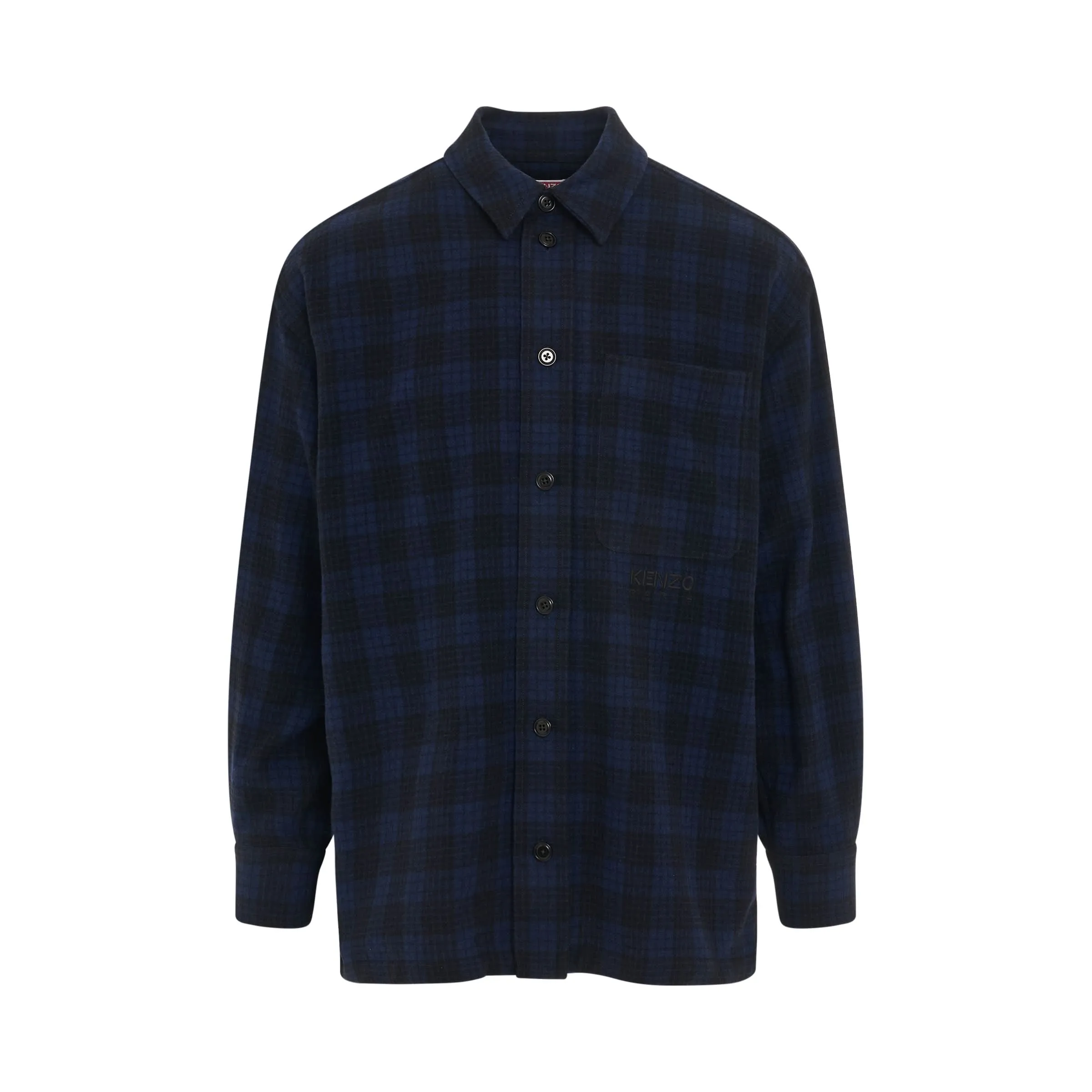 Woven Checked Wool Overshirt in Midnight Blue